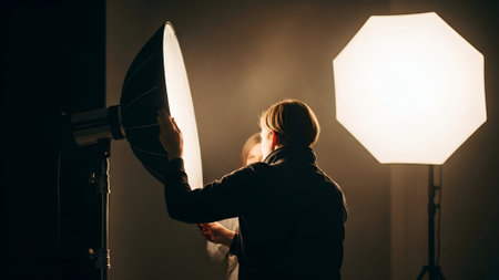 A photographer, silhouetted against a warm-toned studio backdrop, adjusts a softbox. An octobox light illuminates the scene.の素材