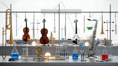 An imaginative display blending art and science, featuring an orchestra of instruments arranged like a chemistry experiment with glowing lights and vibrant liquids.の素材