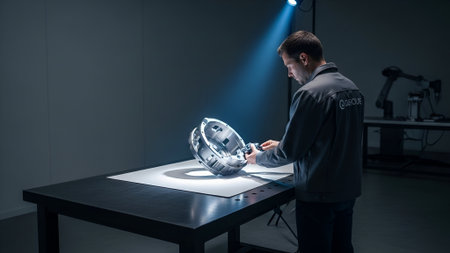 A man meticulously examines a complex, futuristic metallic object on a table in a dimly lit room. A single, focused spotlight illuminates the object and the man, creating dramatic contrast.の素材