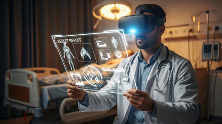 A doctor wearing a VR headset intently examines a glowing holographic medical report in a dimly lit hospital room, showcasing advanced diagnostic technology.の素材
