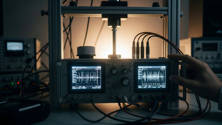 Close-up of lab equipment featuring oscilloscope displays with waveforms, wires, and a hand adjusting settings in a dimly lit, technical environment.の素材