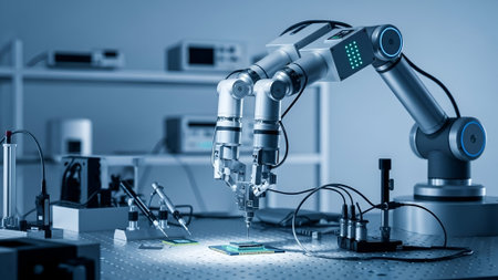 A robotic arm meticulously works on a circuit board in a sterile lab. The scene highlights automation, precision, and technological advancement in a controlled environment.の素材