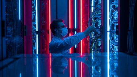 A lone scientist, wearing a protective mask, reaches out to a glowing server rack amidst a vibrant, futuristic laboratory illuminated by striking red and blue neon lights.の素材