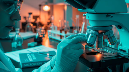 A scientist in a lab coat examines a sample under a microscope, bathed in teal lighting. Beakers and equipment fill the background, suggesting research and experimentation.の素材