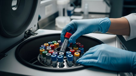 A lab technician in blue gloves meticulously places a test tube into a centrifuge rotor, surrounded by other colorful sample vials in a modern clinical laboratory setting.の素材