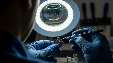 A watchmaker meticulously repairs a small clock mechanism. The scene is illuminated by a bright magnifying glass, highlighting the intricate details of the work.の素材