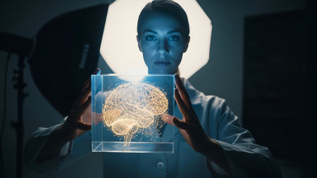 A determined scientist examines a glowing holographic projection of a human brain, bathed in dramatic, futuristic lighting.の素材