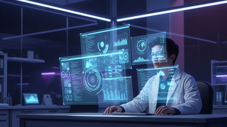 A scientist in a lab coat interacts with a complex holographic interface displaying data visualizations.の素材