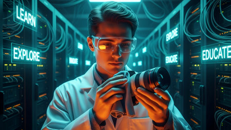 A scientist in a lab coat examines a camera in a futuristic data center, surrounded by glowing neon words like "Learn" and "Educate.の素材