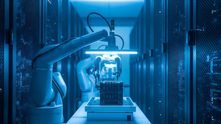 A robotic arm delicately handles a cube in a server room, bathed in cool blue light, showcasing precision automation and advanced technology in a data center environment.の素材