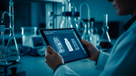 Close-up of a scientist's hands holding a tablet, analyzing a 3D bottle design in a modern, blue-lit research laboratory. Emphasizes digital innovation and scientific analysis.の素材