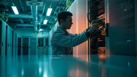Man in server room, focused on equipment maintenance. Warm light highlights his work in the cool, technological environment.の素材