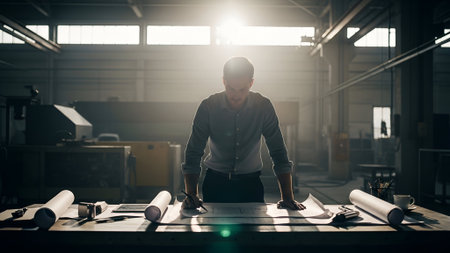 A silhouetted architect stands at a drafting table in a workshop, backlit by a bright window.の素材