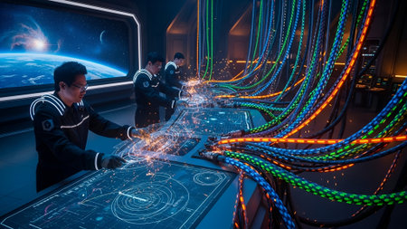 Focused crew operates complex holographic interfaces on a futuristic spaceship bridge, surrounded by vibrant glowing data cables and a large screen displaying Earth.の素材