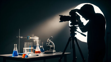 A photographer's silhouette captures a science experiment in a dimly lit studio. Beakers, flasks, and a microscope sit on a table, illuminated by a spotlight.の素材