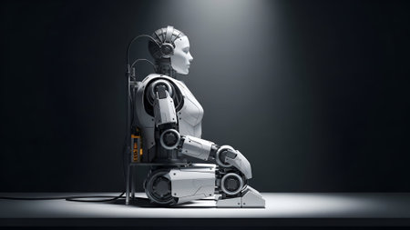 A sleek, white humanoid robot meditates in a dark studio, illuminated by a dramatic spotlight, contemplating AI's future and consciousness.の素材