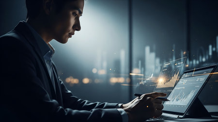 A focused professional, silhouetted against a blurred cityscape, intently analyzes data on a tablet. The scene is set at night, with cool lighting and a sense of concentration.の素材