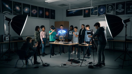 A group of students in a science classroom filming an experiment. Dramatic lighting from studio lights illuminates the scene.の素材