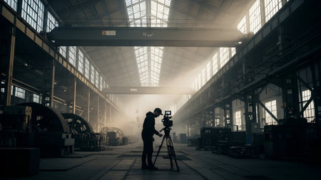 A lone figure silhouetted against dramatic sunbeams, operating a vintage camera on a tripod within a cavernous, abandoned industrial space, evoking a sense of creative pursuit and atmospheric mystery.の素材