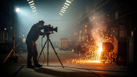 A cameraman, silhouetted against the bright welding sparks, films the industrial process within a dimly lit factory. The scene captures the intensity of the work, with sparks flying and smoke rising.の素材