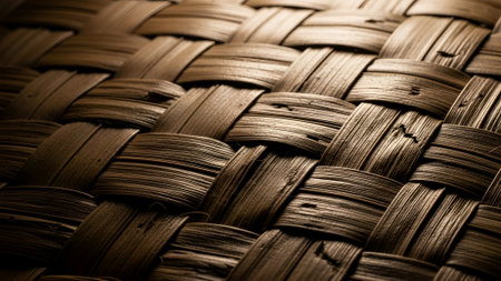 Close-up of a woven texture, showcasing the detailed pattern of natural fibers. The warm, earthy tones and subtle lighting create a rustic, organic feel.の素材
