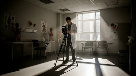 A doctor in a white coat films with a camera on a tripod in a dimly lit medical room. Sunlight streams through the window, casting shadows across the floor.の素材