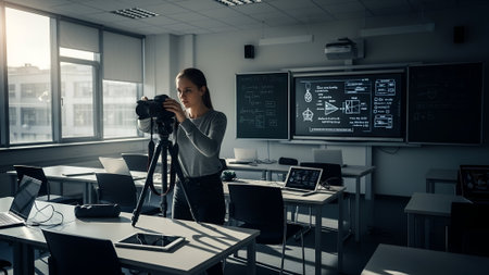 A young woman meticulously adjusts a professional camera on a tripod in a modern, dimly lit classroom. Laptops and tablets are on desks, and a large screen displays complex code, suggesting a tech-focused educational or production environment.の素材