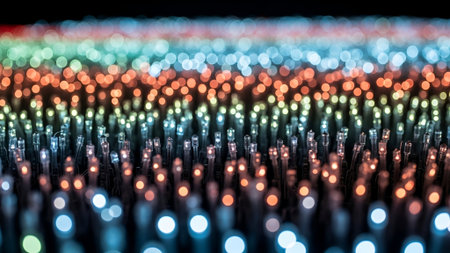 A mesmerizing, out-of-focus abstract scene showcasing a dense field of glowing bokeh lights in a vibrant RGB spectrum, creating a dreamlike, futuristic atmosphere.の素材