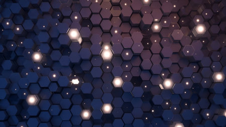 Abstract background featuring a dark blue and pink gradient with a hexagonal pattern and scattered glowing spheres, creating a modern and futuristic aesthetic.の素材