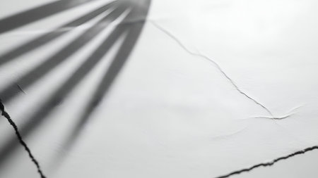 A minimalist, high-contrast image featuring the stark shadow of a palm frond cast across a cracked white surface, creating an abstract and textured composition.の素材