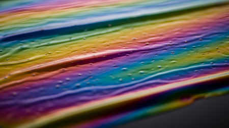 A close-up shot captures an abstract oil slick, showcasing a mesmerizing display of rainbow colors. The textured surface reveals intricate patterns and a dynamic interplay of light.の素材