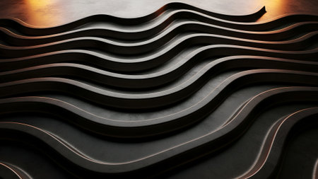 A striking abstract composition featuring layered, undulating lines. The image showcases a series of dark, textured surfaces, creating a sense of depth and movement.の素材