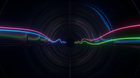 A symmetrical, futuristic digital artwork featuring vibrant neon light waves flowing through a dark tunnel. The composition uses a central perspective, creating a sense of depth and movement.の素材