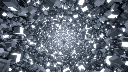 An abstract tunnel vision of glowing cubes creates a futuristic and dimensional effect, with luminous light emanating from each cube.の素材