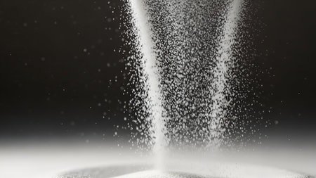 Bright white granular substance, possibly sugar or salt, cascades against a dark background. The fine particles sparkle, creating dynamic texture and motion in an abstract view.の素材