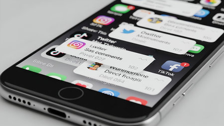 A close-up shot of a modern iPhone displaying multiple social media notifications from Instagram, Twitter, and Facebook.の素材