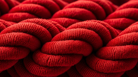 An extreme close-up macro shot reveals the intricate, ribbed texture of a thick, tightly braided red rope, creating an abstract, undulating pattern with deep shadows.の素材