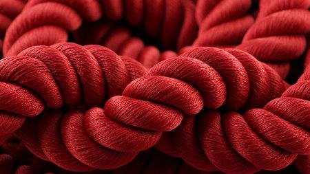 A detailed macro shot of a vibrant red twisted rope, showcasing its intricate fabric texture and rich color. Soft lighting emphasizes depth and pattern.の素材