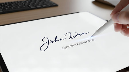 Hand using a stylus to sign "John Doe" on a tablet screen, indicating a secure digital transaction. Keyboard visible in the background.の素材