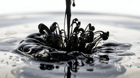 A captivating high-speed photograph captures the dynamic moment of black ink splashing into water. The ink forms an intricate, abstract shape, resembling a blooming flower or a crown.の素材