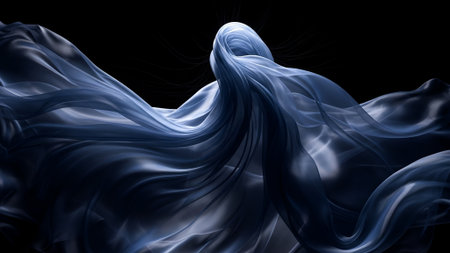 Abstract image of flowing blue fabric against a black background, creating a sense of movement, fluidity, and ethereal beauty. Dramatic lighting highlights the fabric's texture.の素材