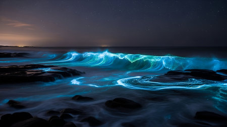 Mesmerizing turquoise bioluminescence illuminates crashing ocean waves against a rocky shore under a dark, star-speckled night sky, creating a magical, otherworldly scene.の素材