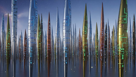Vibrant, abstract cityscape of towering, slender spires adorned with intricate circuit board patterns, rising against a clear blue sky, evoking a futuristic, technological world.の素材