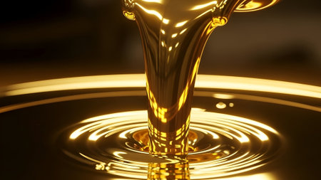 A close-up shot captures a stream of golden liquid cascading into a pool. The liquid's surface reflects light, creating a shimmering effect.の素材