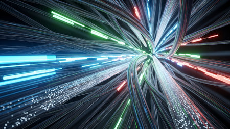 Abstract close-up of fiber optic cables transmitting data with colorful light trails, symbolizing connectivity, technology, and high-speed internet in a dark environment.の素材