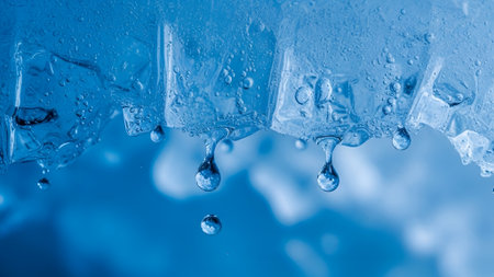 A stunning macro shot captures translucent ice melting, with glistening water droplets forming and falling against a serene, soft-focus blue background. A symbol of thaw and change.の素材