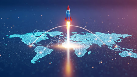 A vibrant rocket ascends from a luminous, interconnected world map, symbolizing global expansion and technological advancement.の素材