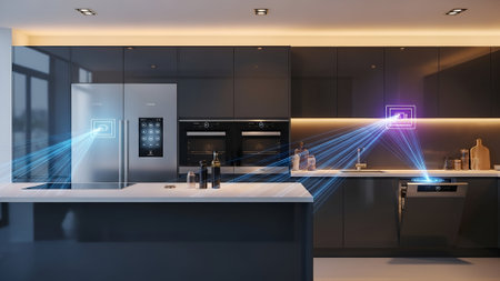 A modern kitchen interior showcases smart home technology. A digital projection emanates from a dishwasher, highlighting its features.の素材