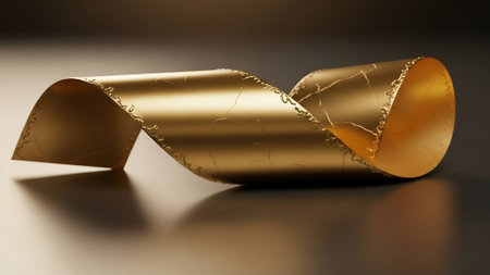 A luxurious, metallic gold ribbon twists and curls, catching soft light, creating a sense of elegance and mystery.の素材