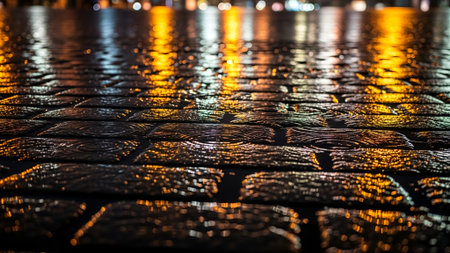 A low-angle, atmospheric view of a wet cobblestone street at night. The textured pavement glistens with vibrant, golden reflections from blurry city lights in the background.の素材